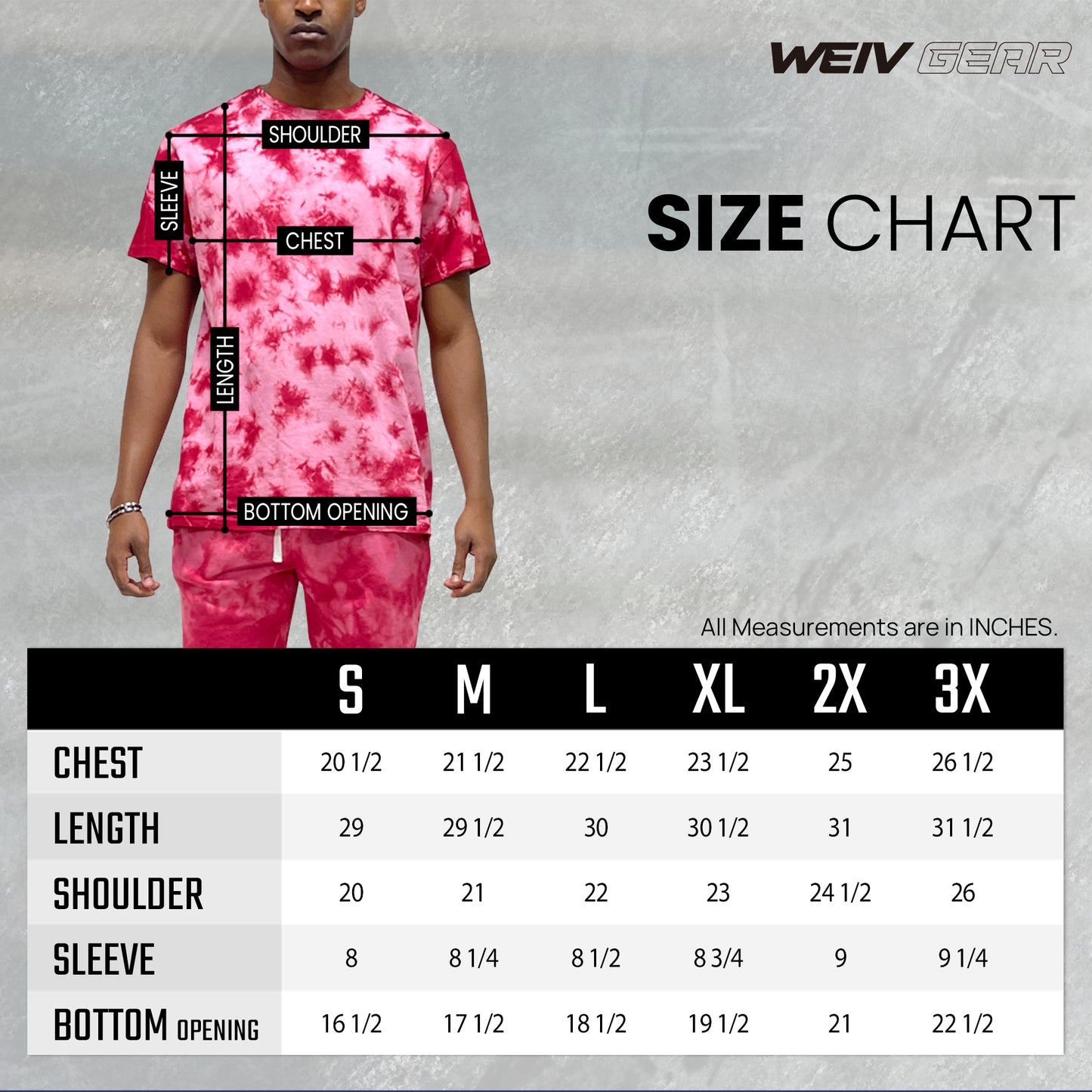 Red Men's Tie Dye T-Shirt size chart
