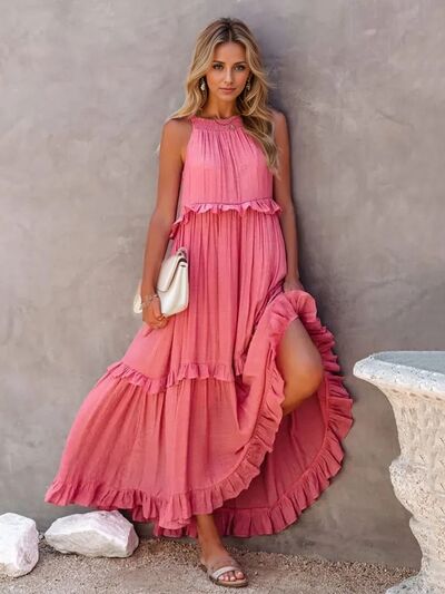 Ruffled Sleeveless Layered Maxi Dress with Pockets Plain Clothing Store Ruffled Sleeveless Layered Maxi Dress with Pockets Plain Clothing Store