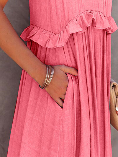 Ruffled Sleeveless Layered Maxi Dress with Pockets