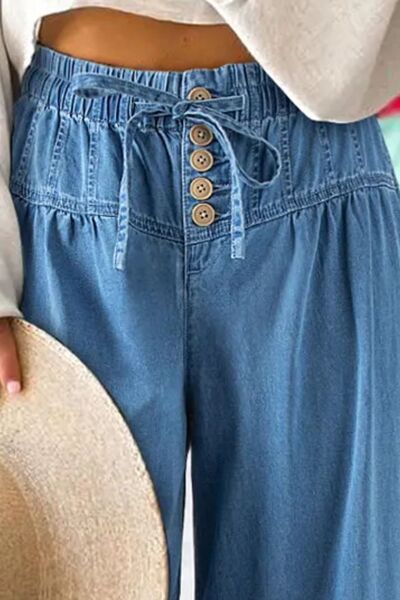Women's Drawstring Elastic Waist Wide Leg Bell Jeans