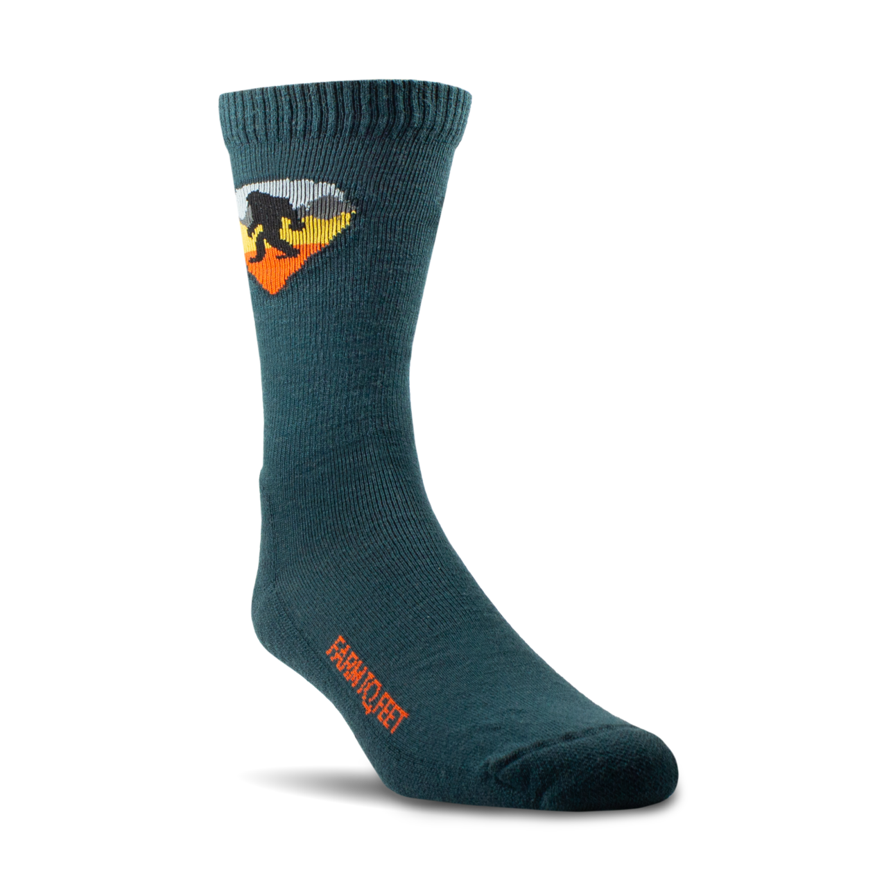 Green sock with a heart-shaped logo featuring a bear and text on a white background