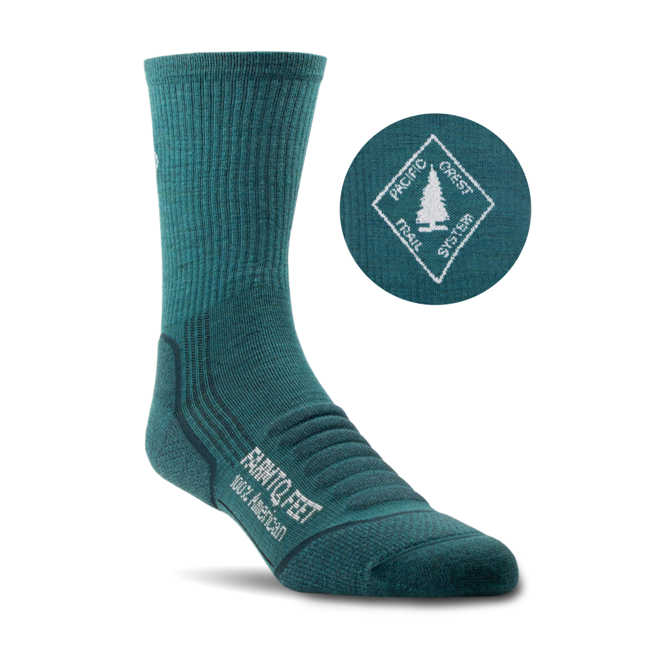 Teal sock with brand logo on a white background