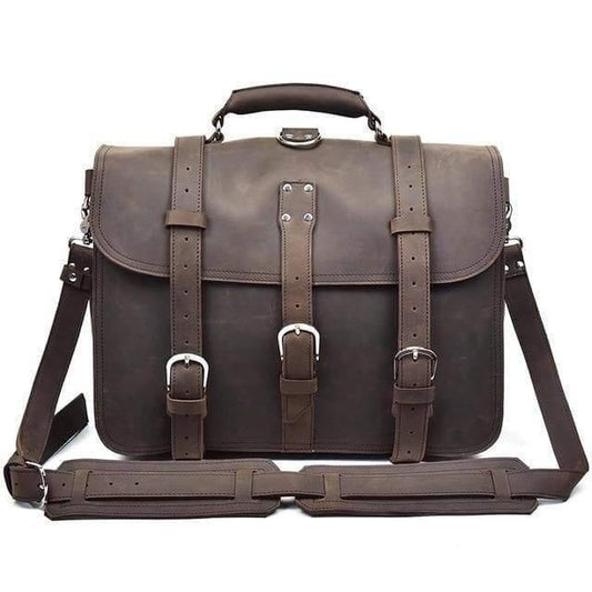 Dark brown leather messenger bag with front buckles and two carry handles
