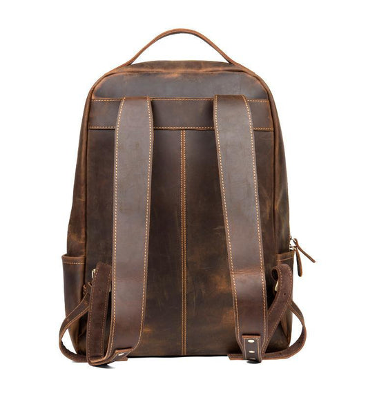 Vintage brown leather backpack with adjustable shoulder straps and front zipper