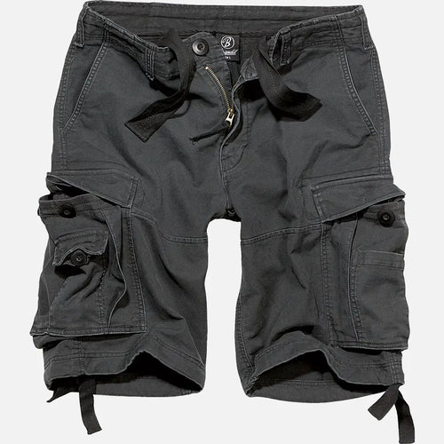 Men’s black utility cargo shorts with drawstring waist and side cargo flap pockets