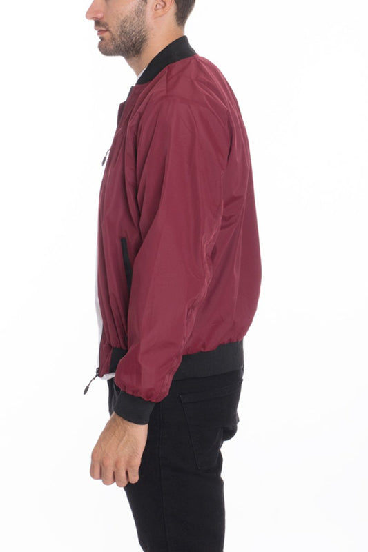 Picture of a Men's Vinyl Burgundy Bomber Jacket side