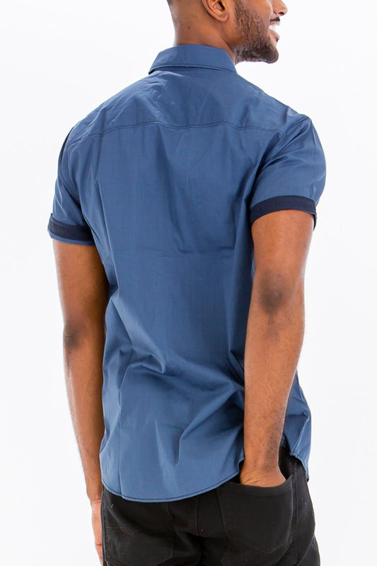 Picture of a Men's Blue Stitch Short Sleeve Button Down Dress Shirt back view