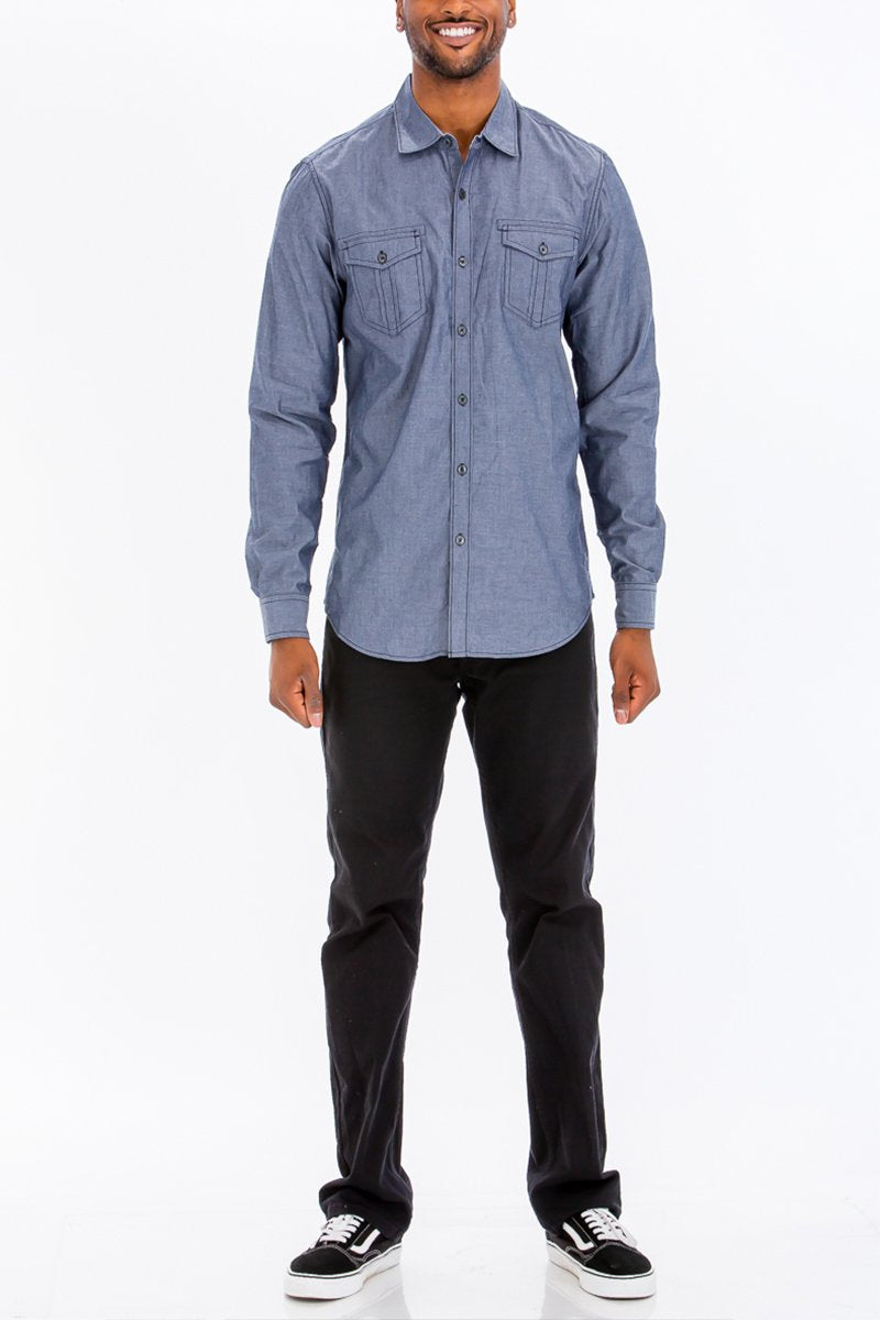 Picture of a Men's Navy Blue Button Down Dress Shirt full body view