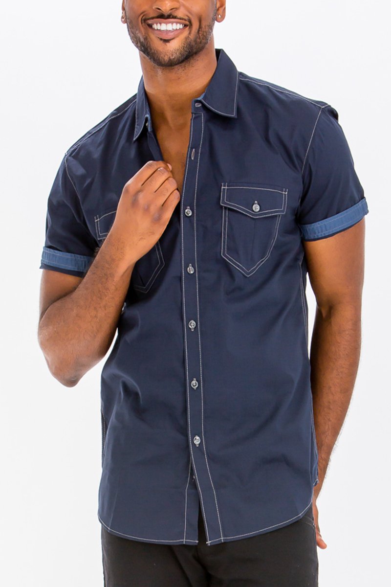 navy blue dress shirt short sleeve Halyard Short Sleeve Dress Shirt Navy Dot Print / M / Trim