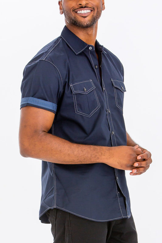Picture of a Men's Navy Short Sleeve Button Down Dress Shirt front