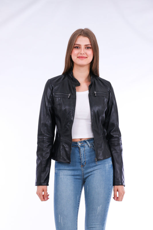 Picture of a Women's Genuine Black Leather Biker Jacket front view open