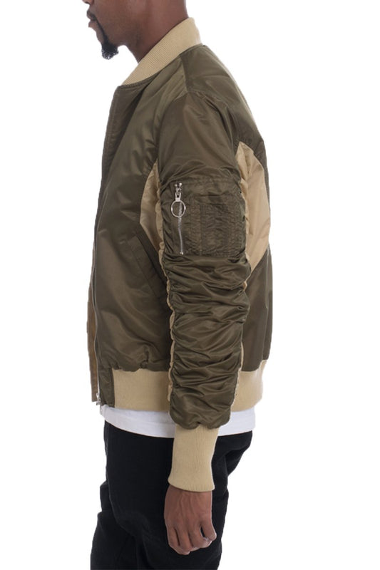 Picture of a Men's Brown and Khaki Two Tone Bomber Jacket side view