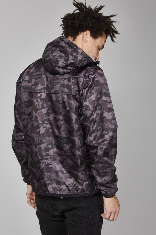 Picture of a Men's Quarter Zip Black Camo Waterproof Rain Jacket back view