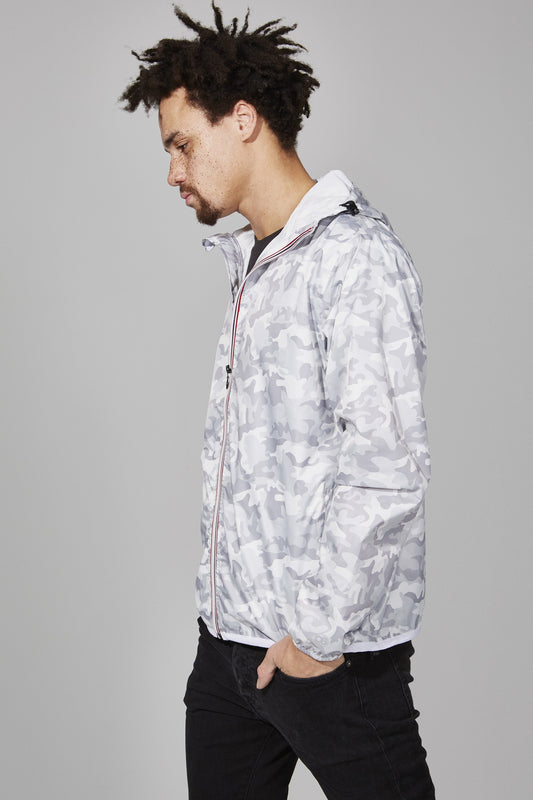 Picture of a Men's Quarter Zip White Camo Waterproof Rain Jacket side view model shot