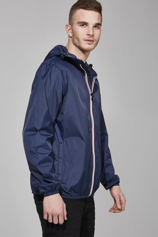 Picture of a Men's Full Zip Navy Blue Waterproof Rain Jacket side view