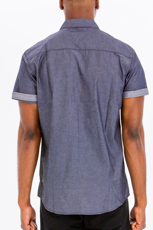 Picture of a Men's Blue Short Sleeve Button Down Dress Shirt back