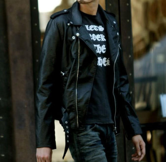 Picture of a Men's Black Faux Leather Biker Jacket front view