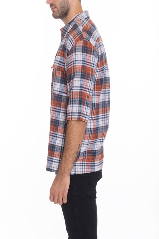 Picture of a Men's Short Sleeve Zip-Up Orange and White Flannel side sleeves