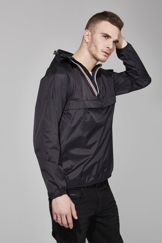 Picture of a Men's Quarter Zip Black Waterproof Rain Jacket side view
