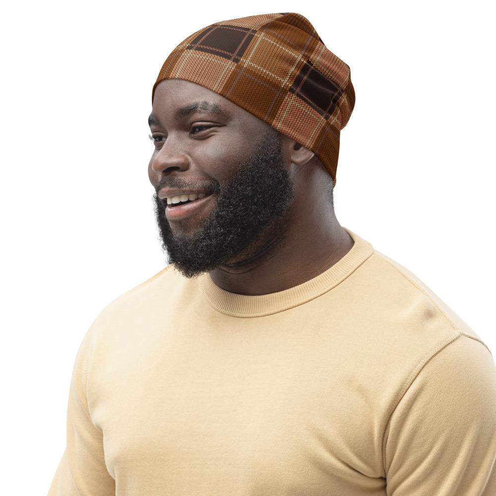 Unisex Brown Checkered Beanie side view