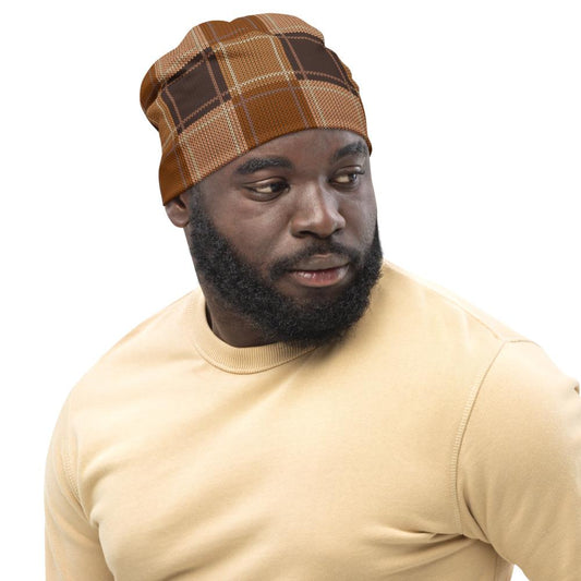 Unisex Brown Checkered Beanie front view