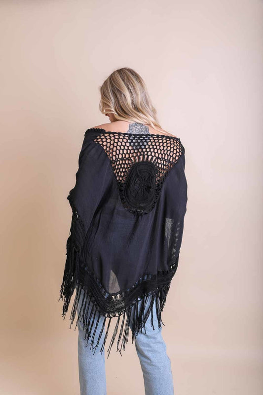 Women's Crochet Medallion Tassel Kimono in black