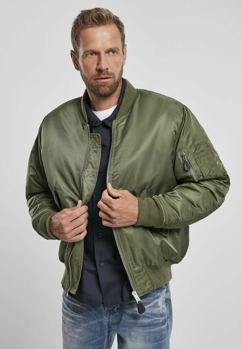 Picture of a Men's MA1 Nylon Bomber Jacket army green model shot