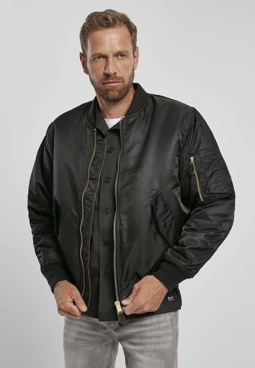 Picture of a Men's MA1 Nylon Bomber Jacket black front view