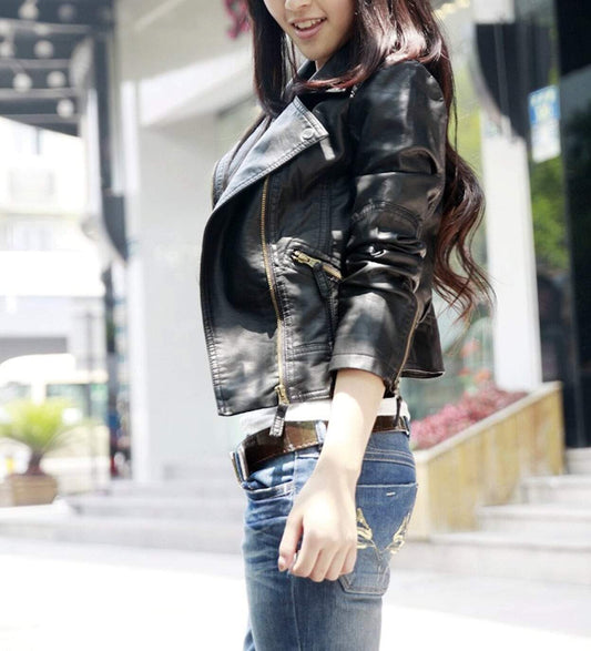 Picture of a Women's Black Cropped Vegan Leather Jacket side view