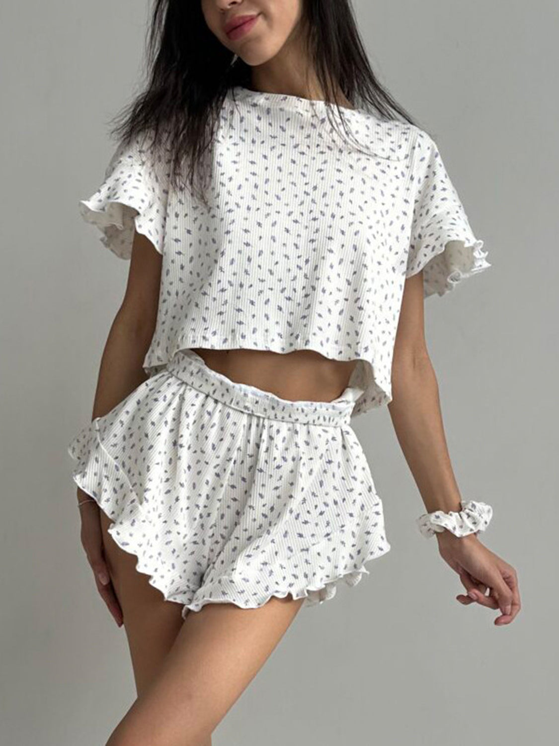 Printed Round Neck Top and Ruffled Shorts Set white