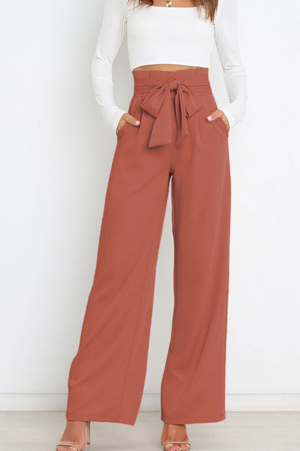 Tie Front Wide Leg Women's Pants orange