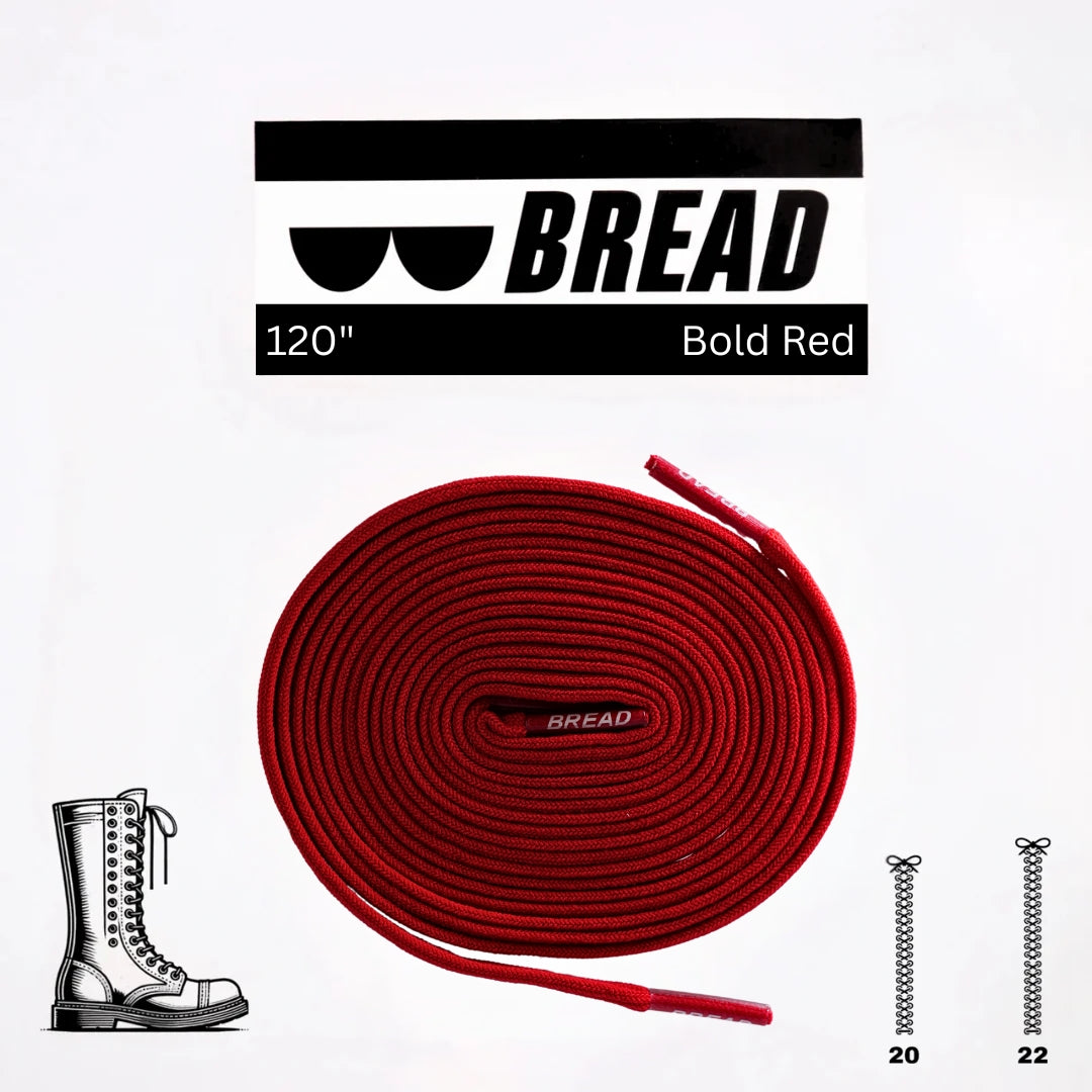 Red shoelace with 'BREAD' branding on a white background