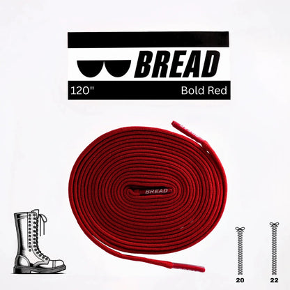 Red shoelace with 'BREAD' branding on a white background