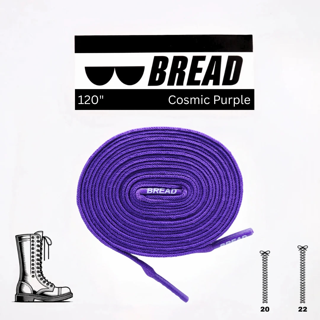 Purple shoelaces with 'BREAD' branding on a white background