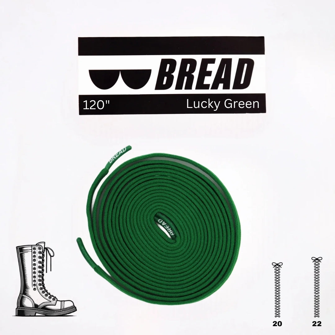 Green shoelace with 'BREAD' branding on a white background