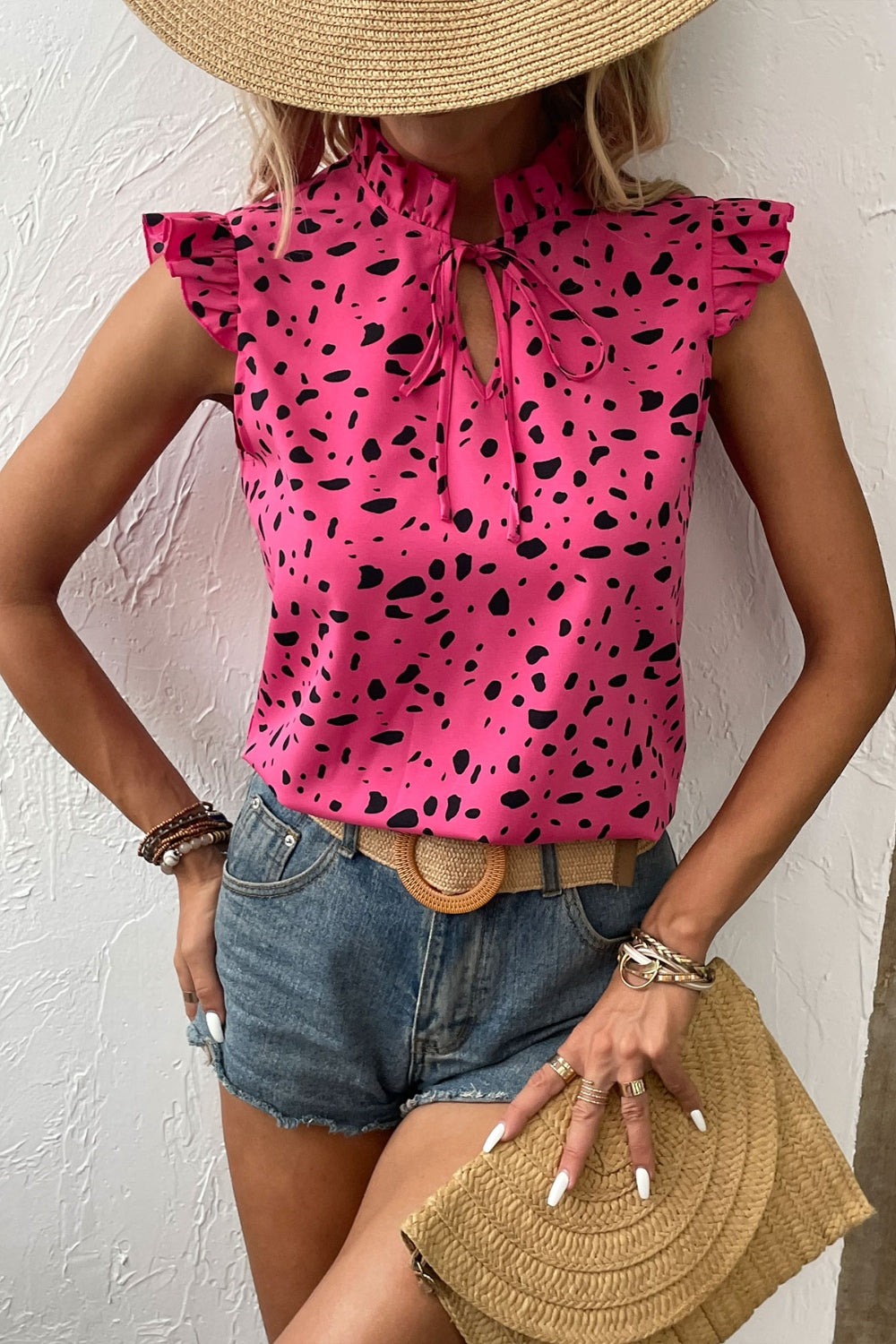 Printed Tie Neck Cap Sleeve Pink Blouse