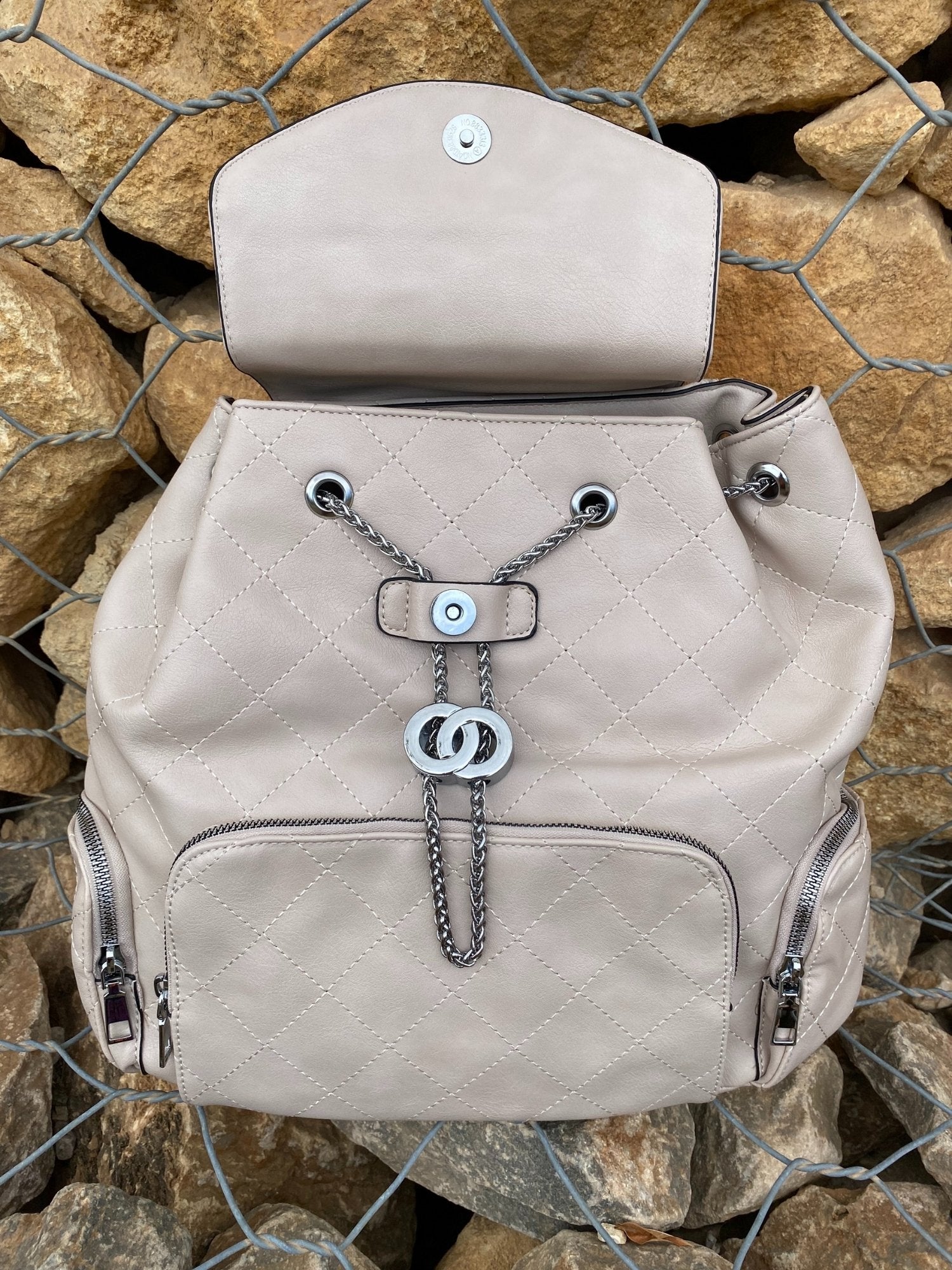 Cream Vegan Leather Backpack front close up top open