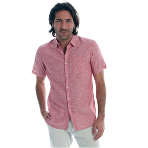 Men's Red Button Up Cotton Short Sleeve Shirt front view