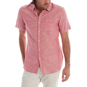 Men's Red Button Up Cotton Short Sleeve Shirt model close up front