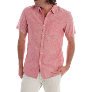 Men's Red Button Up Cotton Short Sleeve Shirt close up front view