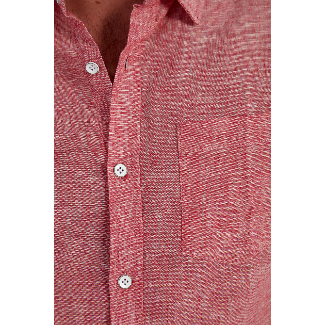 Men's Red Button Up Cotton Short Sleeve Shirt close up of buttons