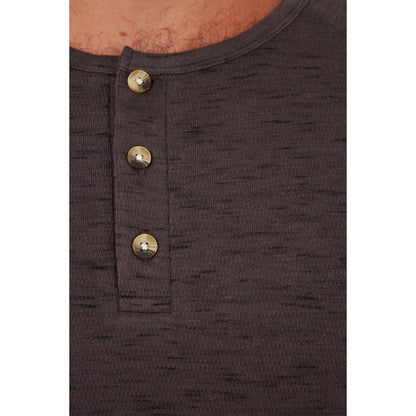 Men's Long Sleeve Charcoal Henley buttons close up of neck
