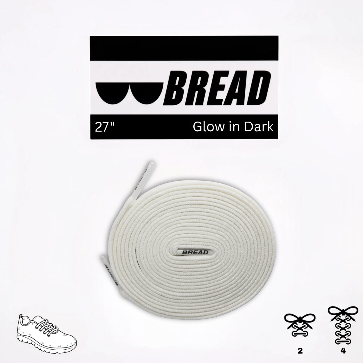 Glow in the dark shoelace with 'BREAD' branding on a white background
