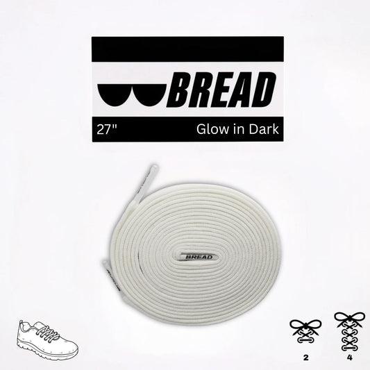 Glow in the dark shoelace with 'BREAD' branding on a white background