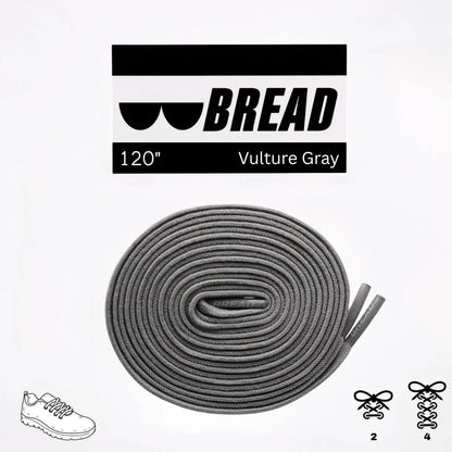 Gray shoelaces with 'BREAD' branding on a white background