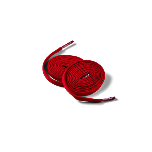 Red shoelaces with 'Bread' branding on a white background