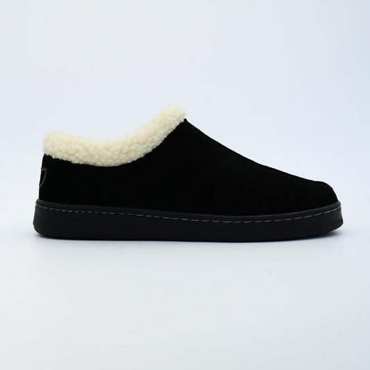 Black slip-on shoe with white fur lining on a light gray background