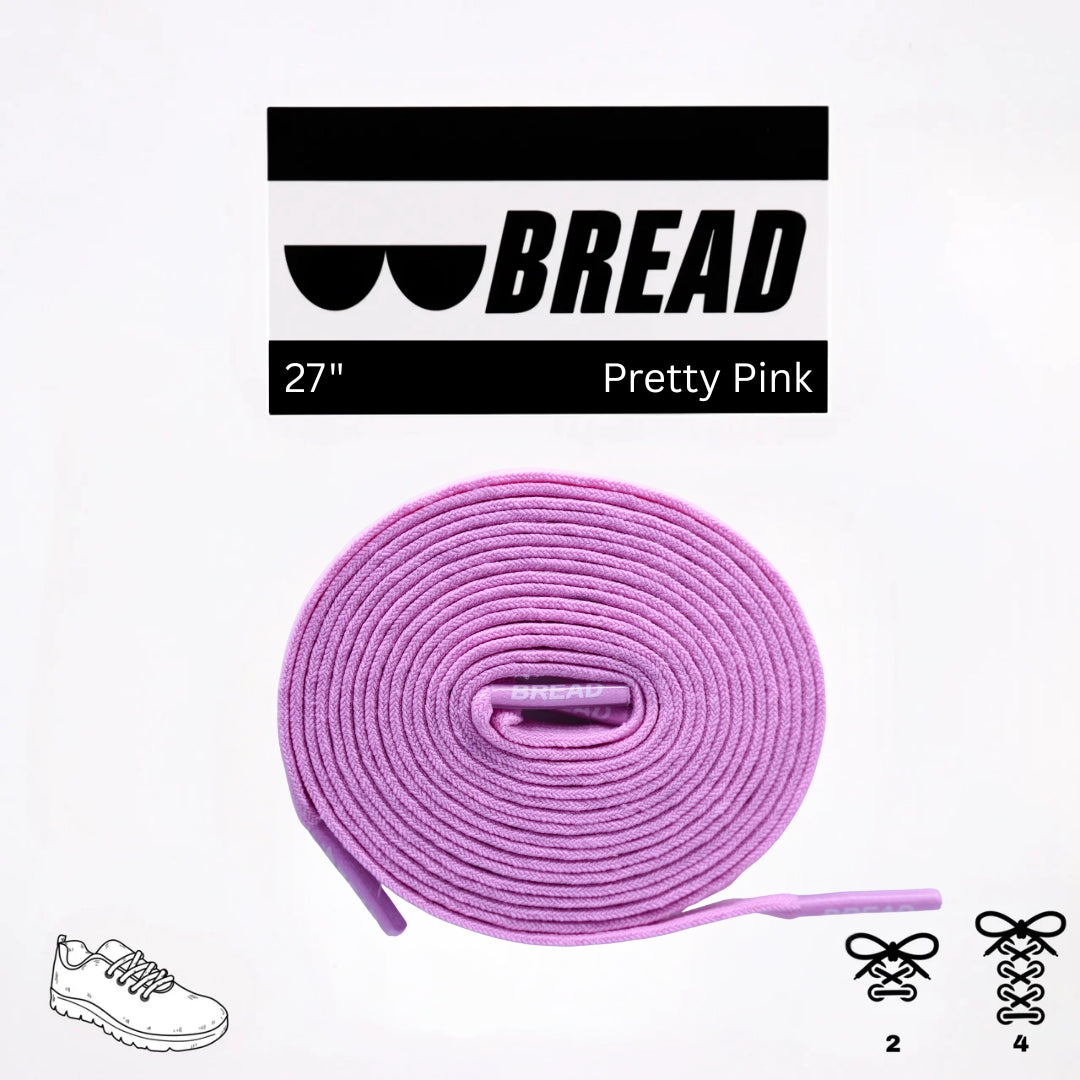 Purple shoelace with 'BREAD' branding and product details on a white background
