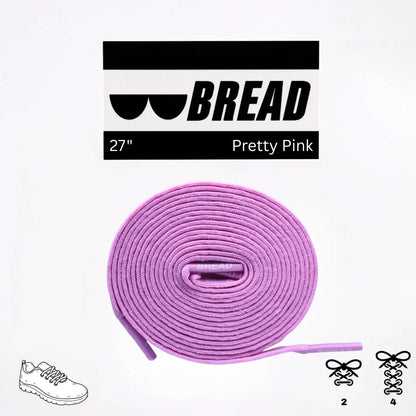 Purple shoelace with 'BREAD' branding and product details on a white background