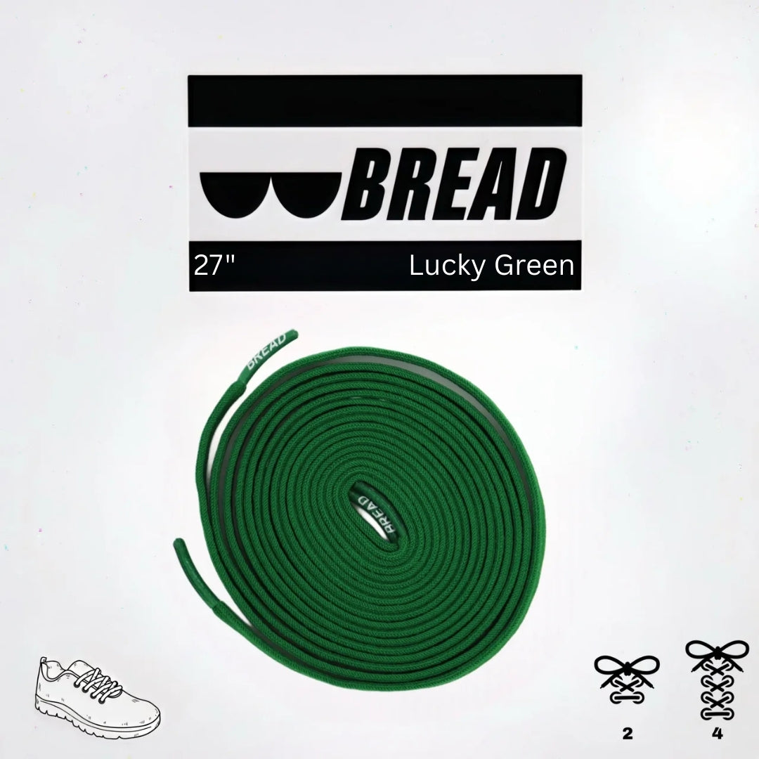 Green shoelace with 'BREAD' branding on a white background